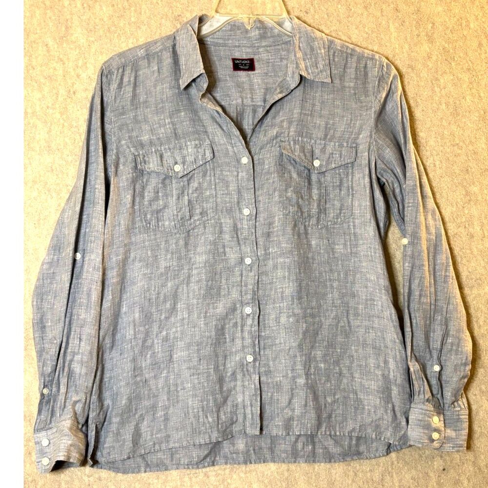 UNTUCKit Women’s 100% Linen Shirt Blue Gray Long Sleeve Button Down Size 6